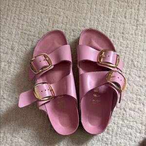 Birkenstock Pink Double-Buckle Slide Sandals with Gold Buckles